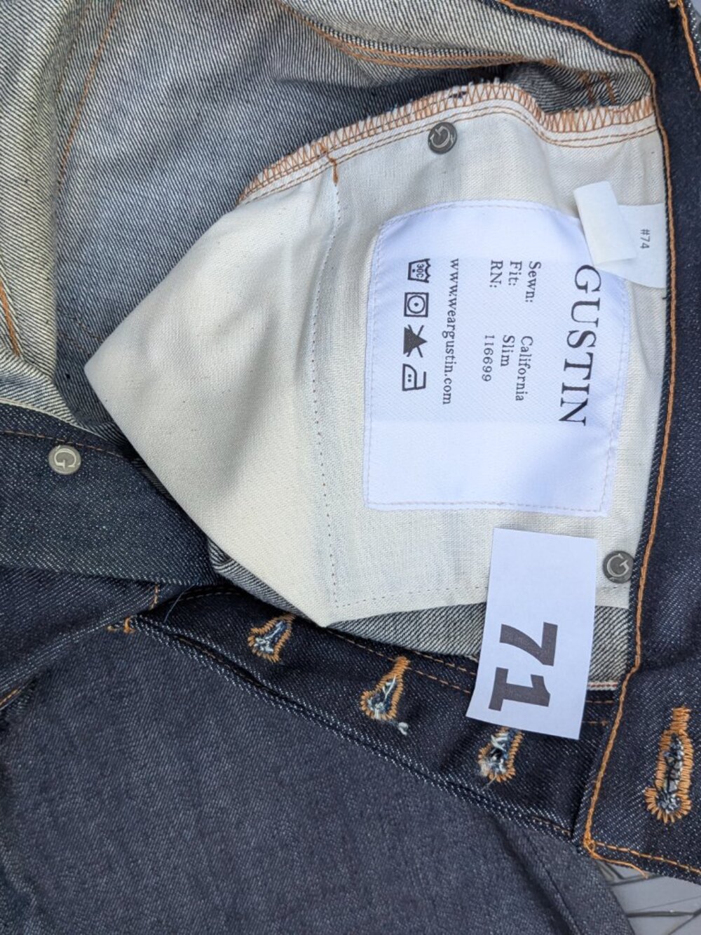 Gustin Selvedge Denim Jeans Men's Size 34 Slim, Inseam 34.25 Inches. - Picture 7 of 13